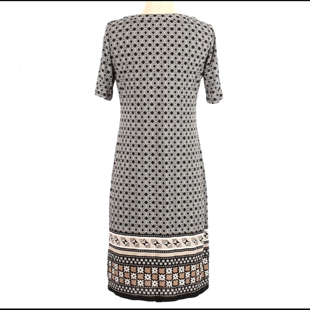 DANA BUCHMAN Short Sleeve Sheath Dress Black White Tan Geometric Print Small - Picture 3 of 10
